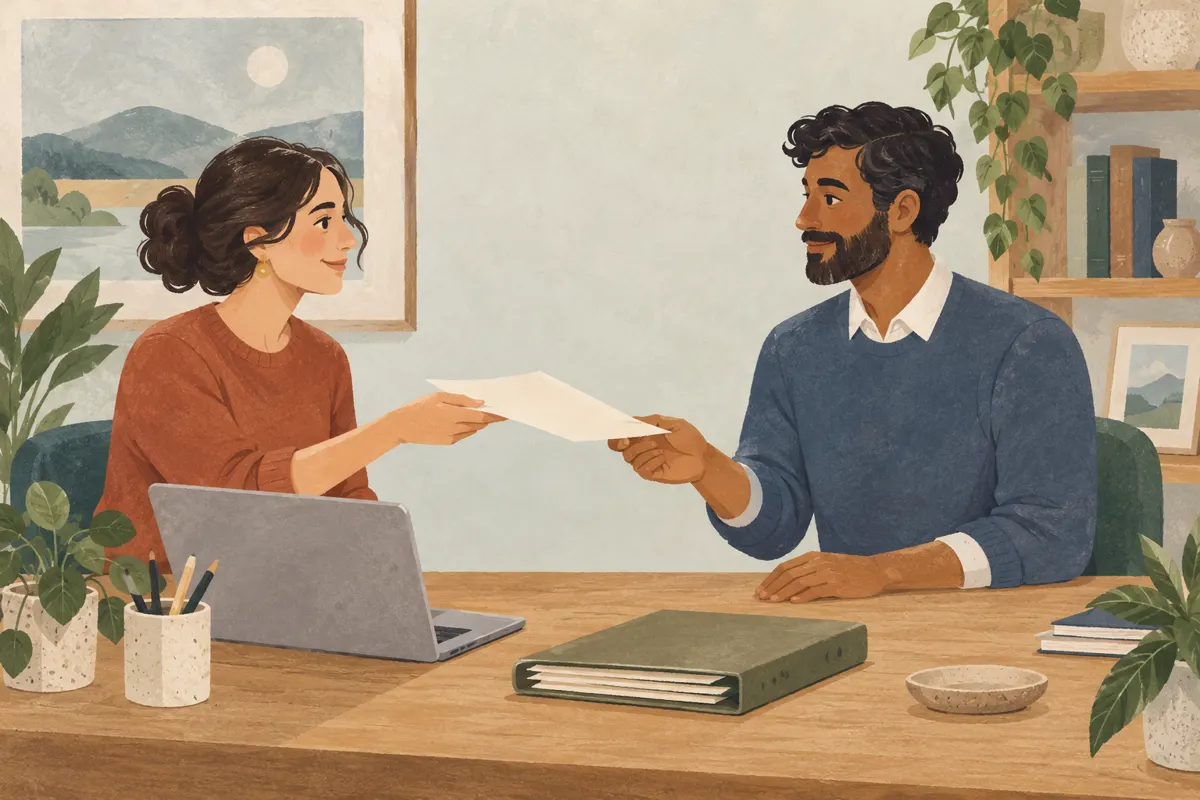 Ilustracja dwóch współpracowników przekazujących zadanie przy biurku