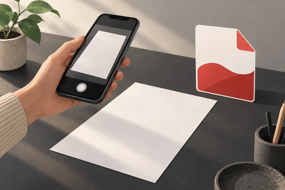 Ilustracja telefonu skanującego papierowy dokument na płaskim blacie.